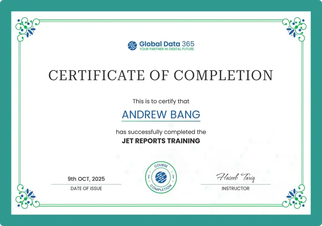 jet reports training certificate by global data 365